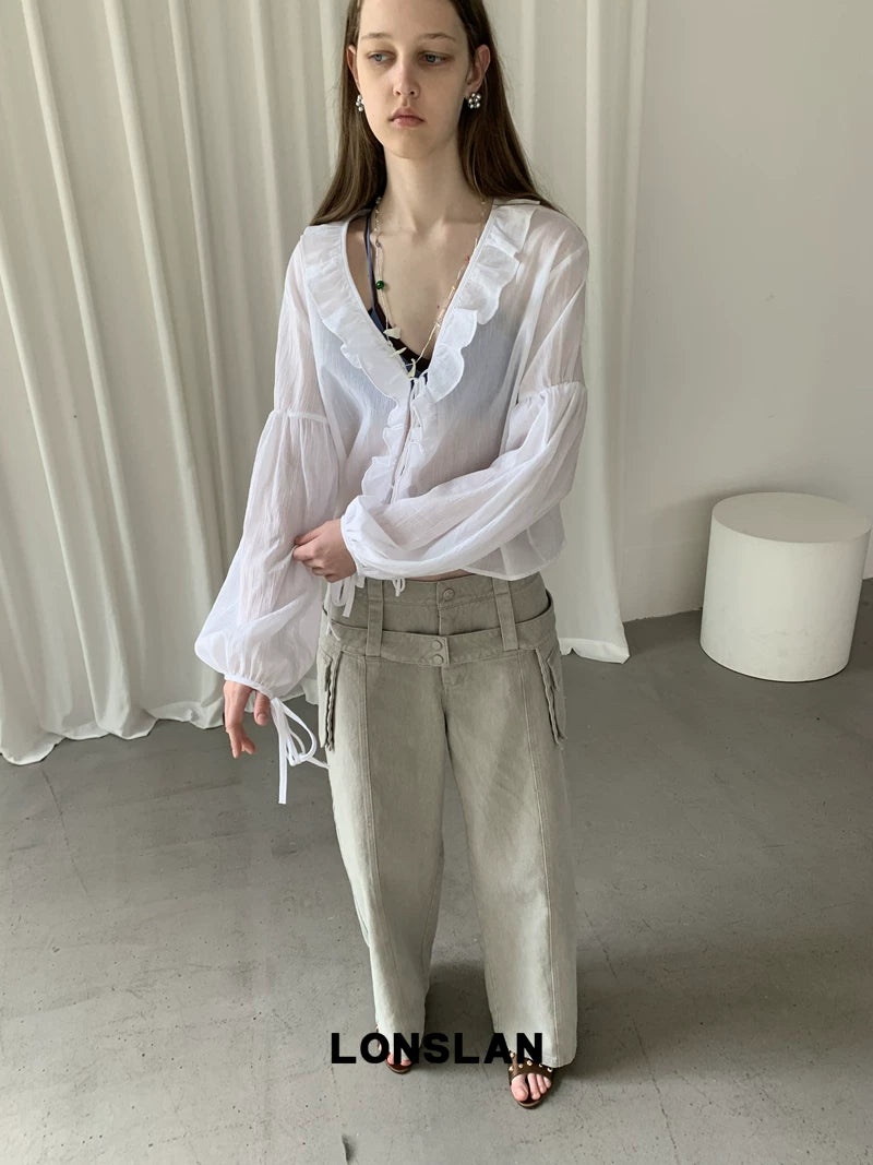 v neck ruffle long sleeve blouse 1color 【NINE7012】