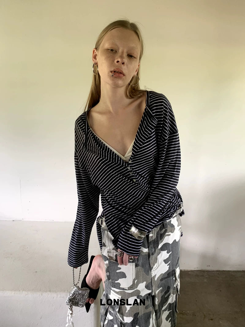 stripe deep v neck loose long sleeve top 2color 【NINE7017】