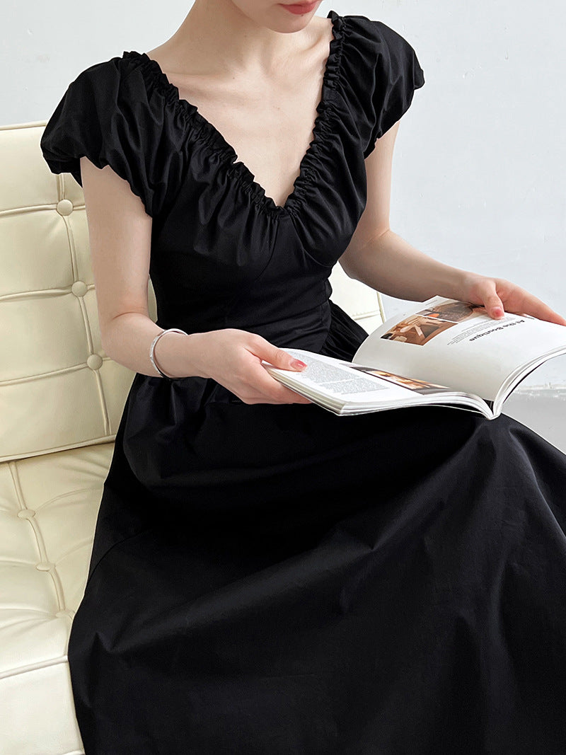 v neck gathered long dress 2color 【NINE7243】