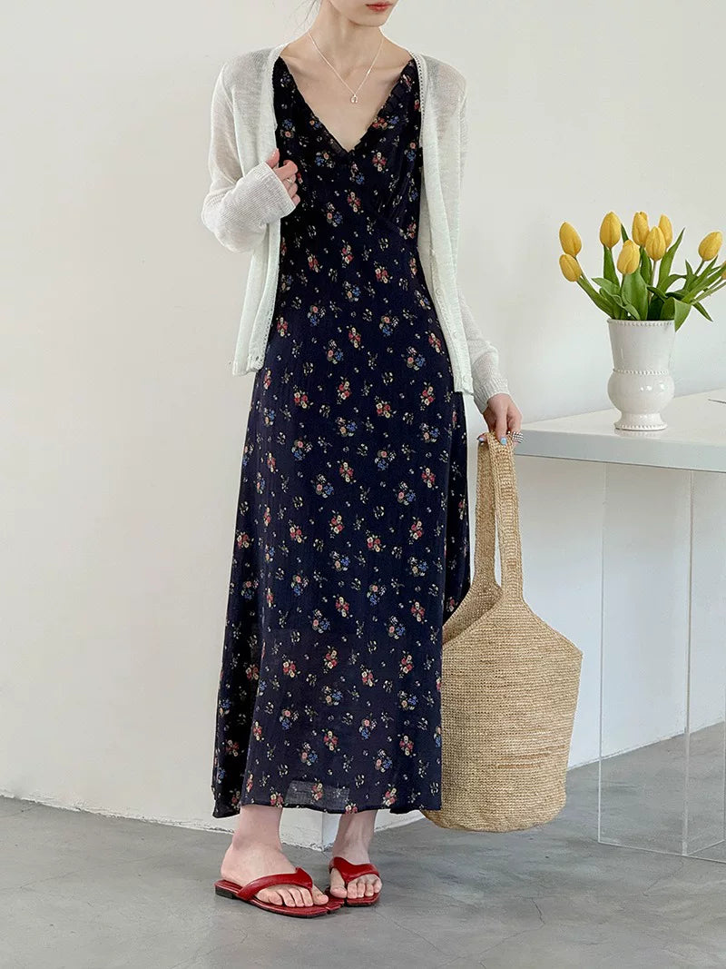 backless floral linen camisole dress 1color 【NINE7024】