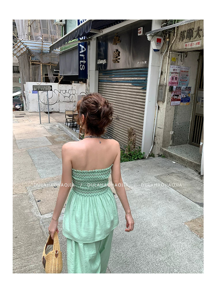 shirring bustier wide pants setup 1color 【NINE7095】