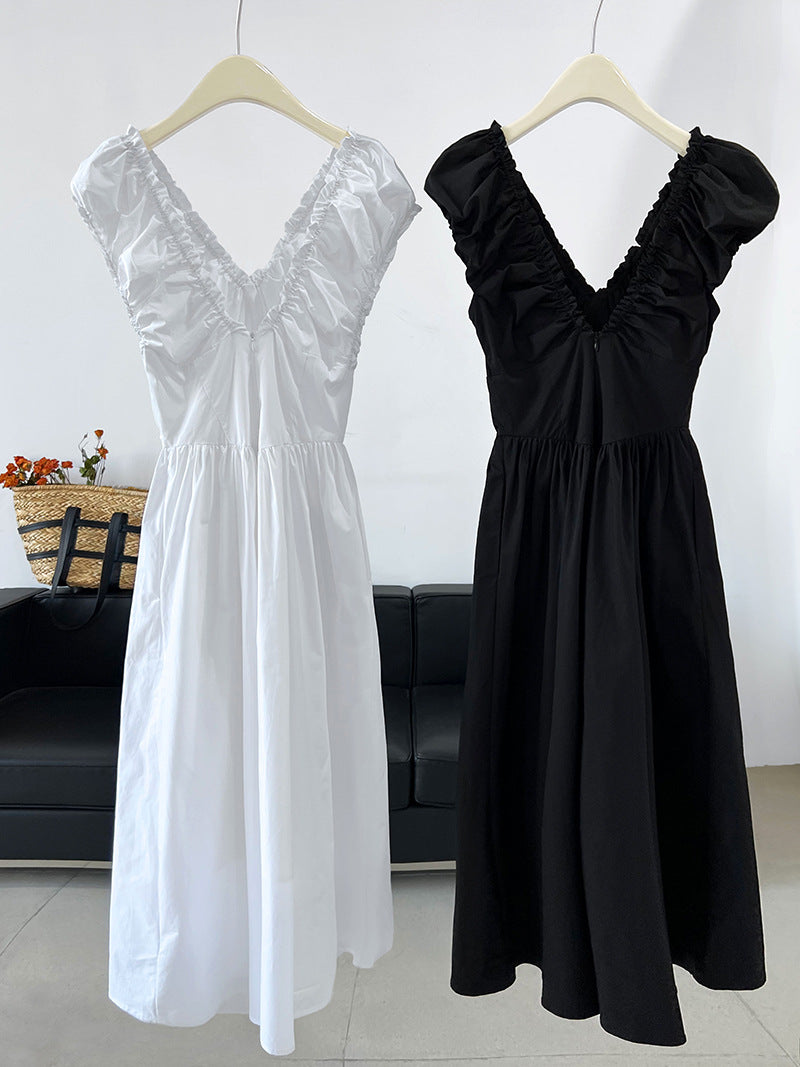 backless gathered puff sleeve dress 2color 【NINE7059】