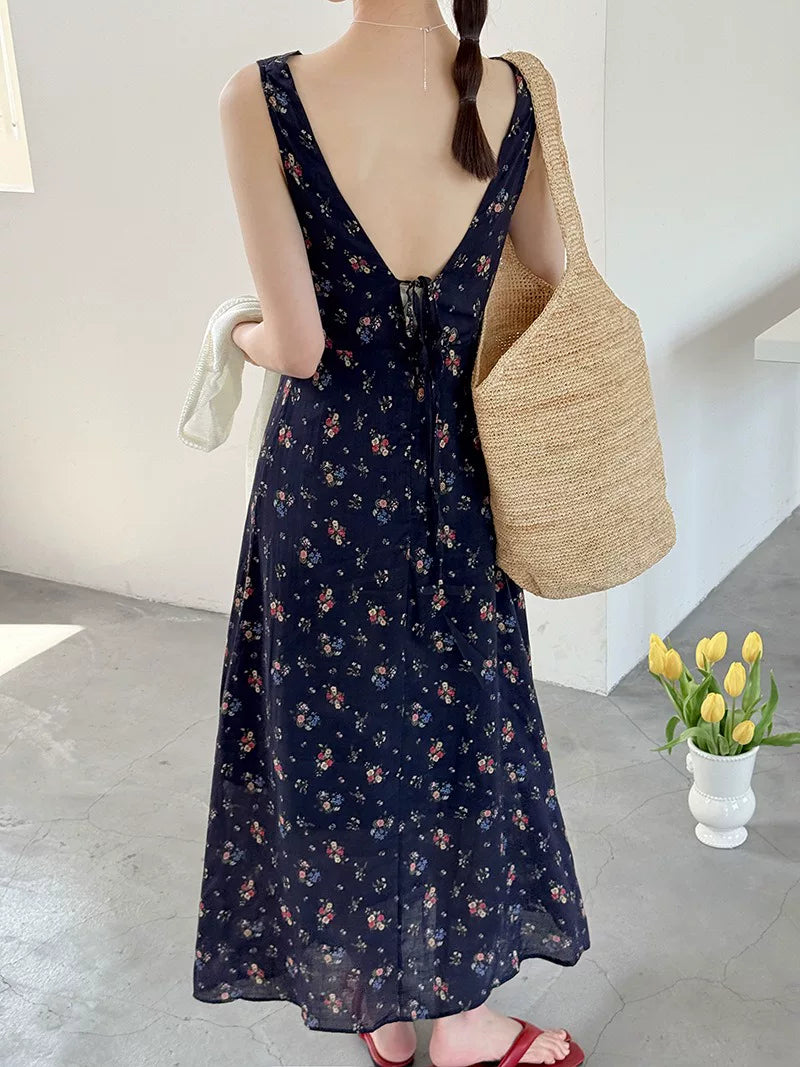 backless floral linen camisole dress 1color 【NINE7024】