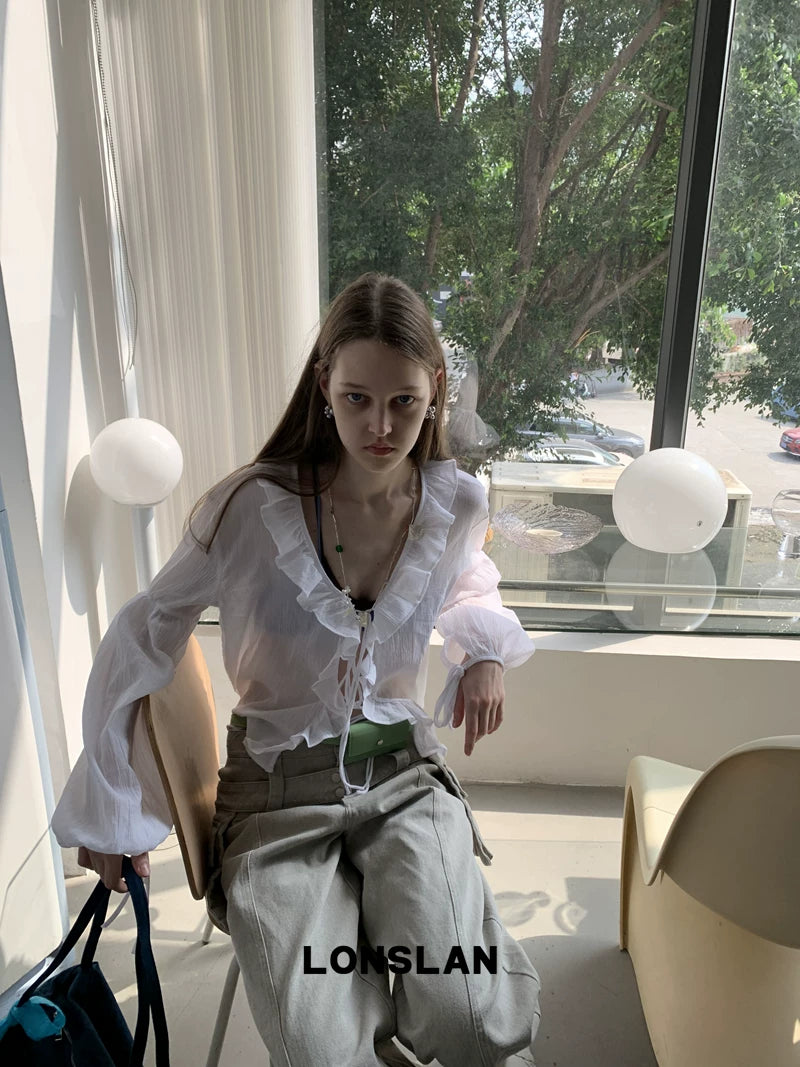 v neck ruffle long sleeve blouse 1color 【NINE7012】