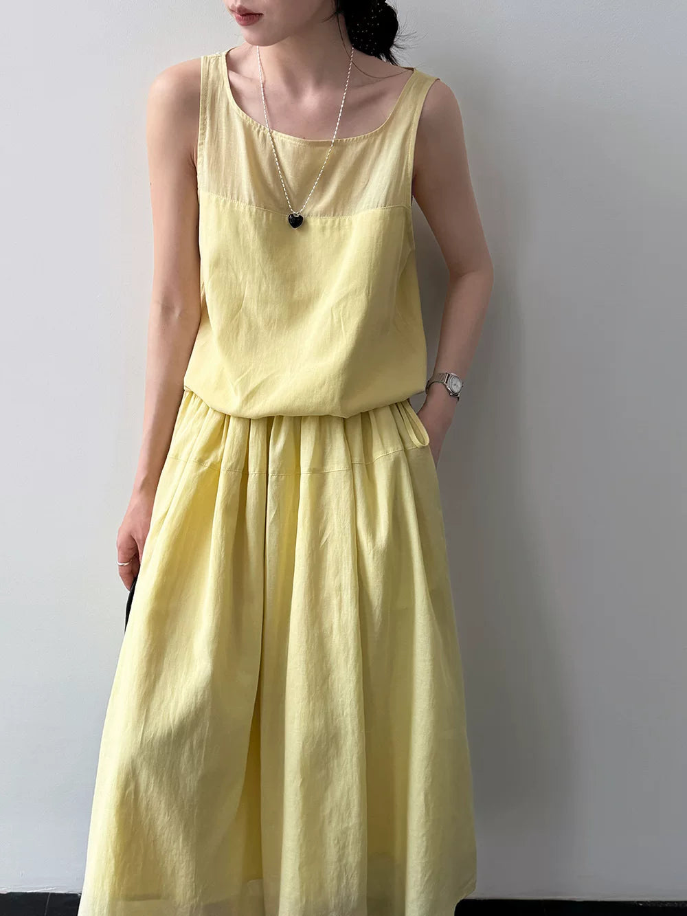 drawstring tiered sleeveless long dress 2color 【NINE7067】