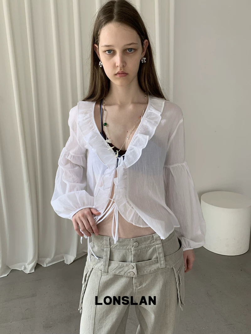 v neck ruffle long sleeve blouse 1color 【NINE7012】