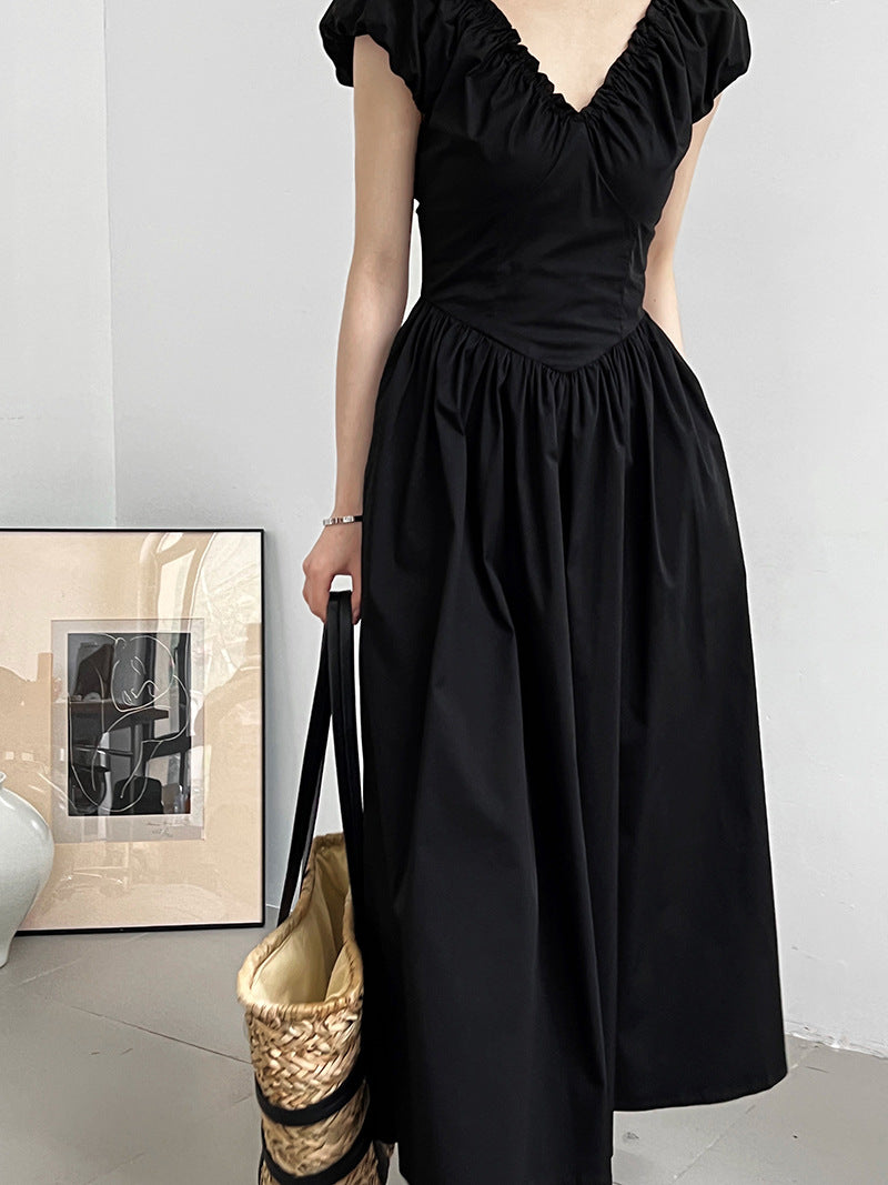 backless gathered puff sleeve dress 2color 【NINE7059】