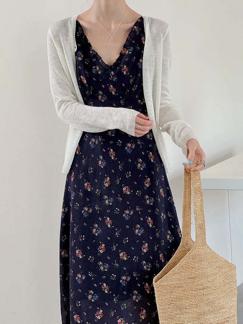 backless floral linen camisole dress 1color 【NINE7024】