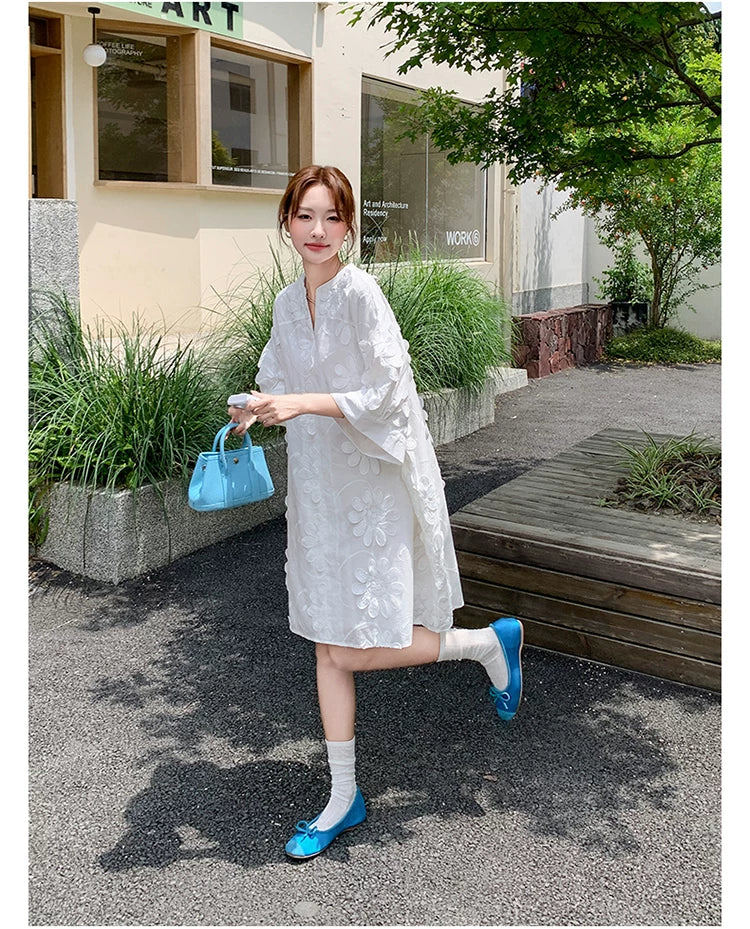 3D floral vneck loose dress 1color 【NINE7130】