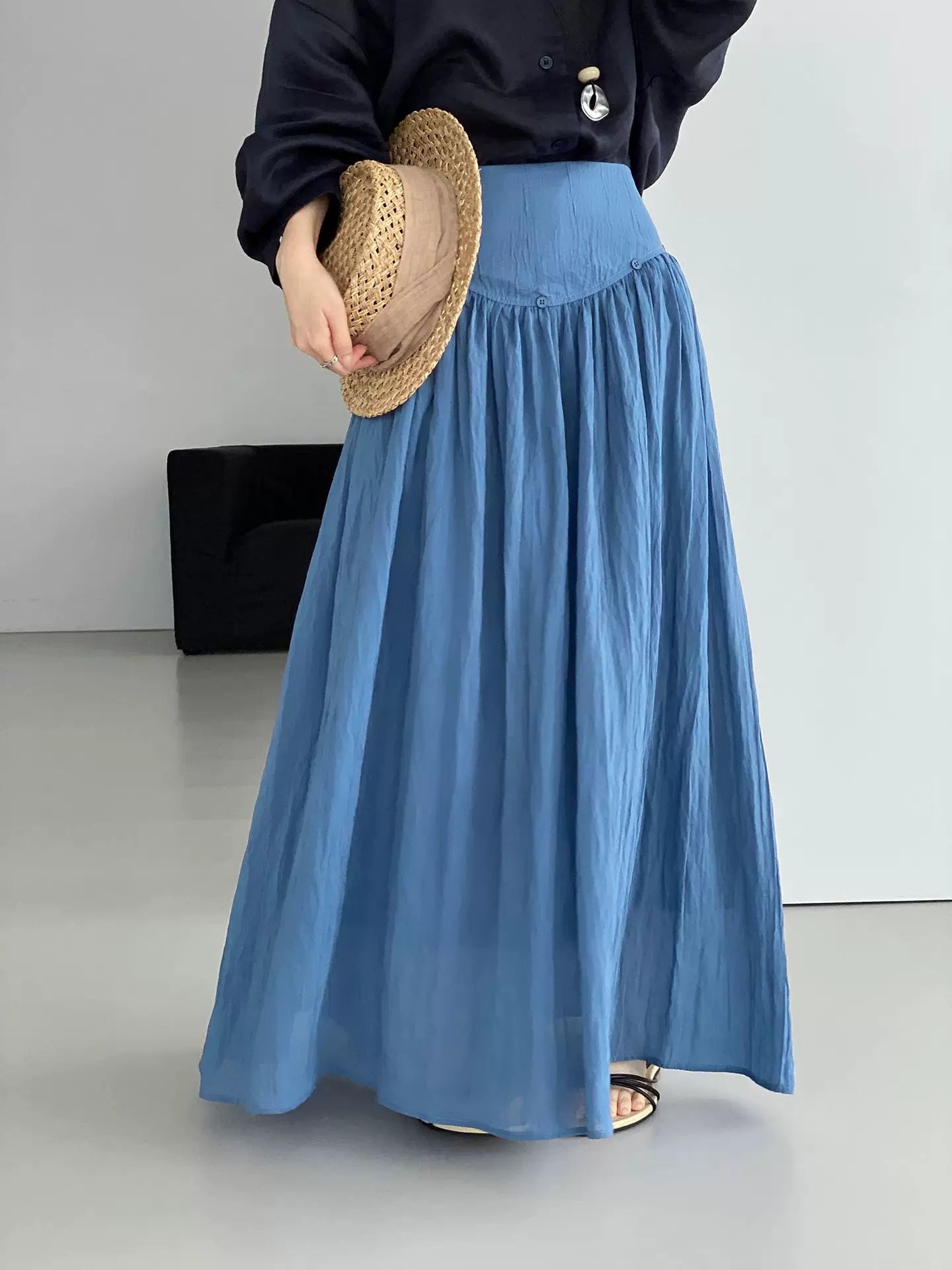 yoke pleated flared long skirt 2color 【NINE7077】