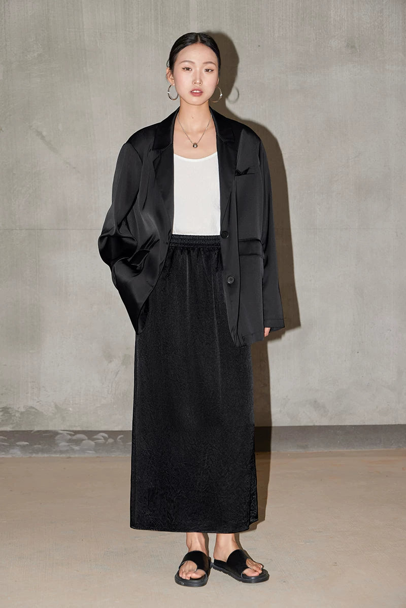 textured elastic waist long A-line skirt 1color 【NINE7217】