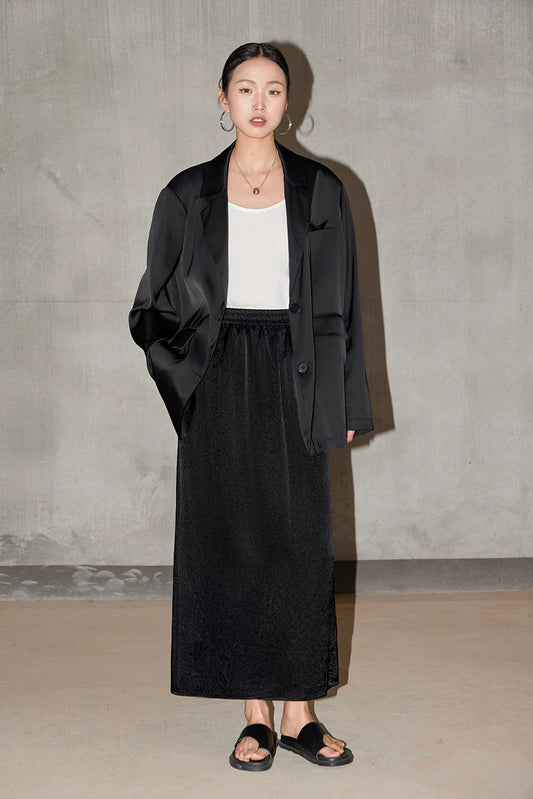 textured elastic waist long A-line skirt 1color 【NINE7217】