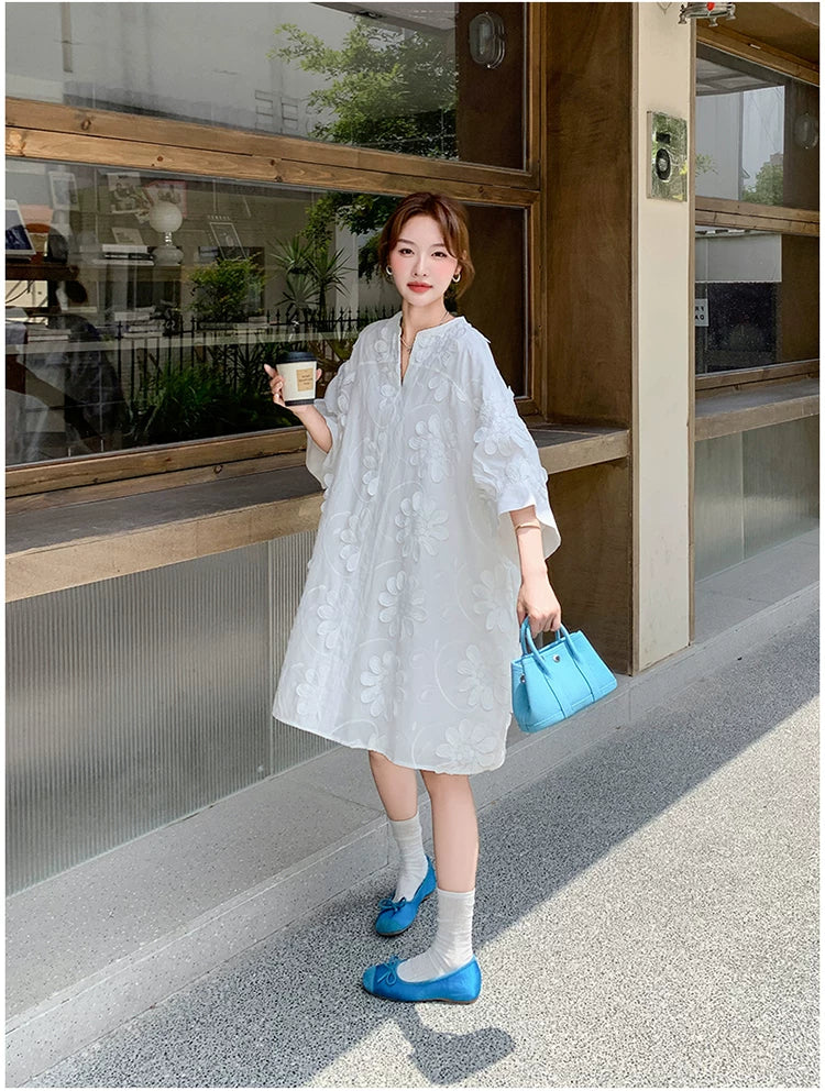 3D floral vneck loose dress 1color 【NINE7130】
