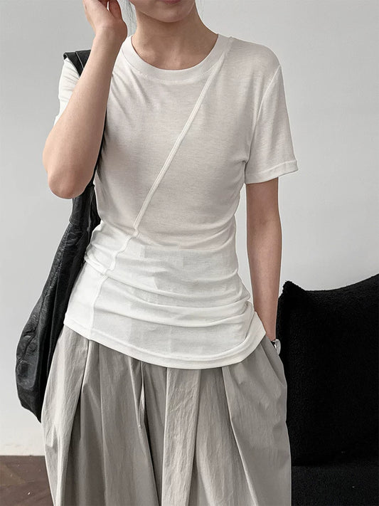 asymmetric seam ruched tshirt 4color 【NINE7086】