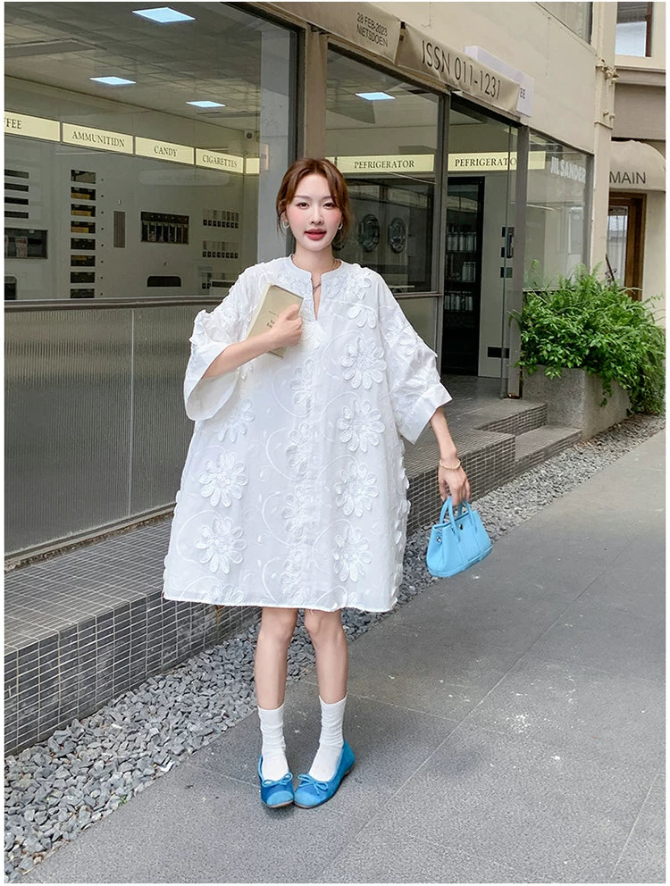 3D floral vneck loose dress 1color 【NINE7130】