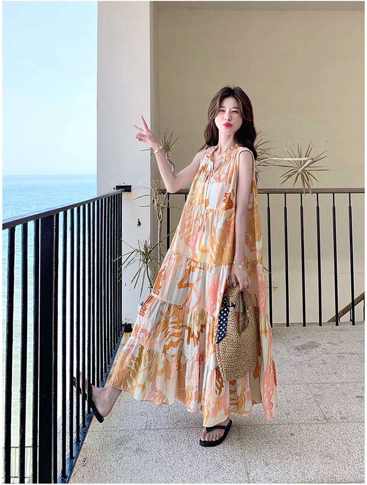 orange print tiered sleeveless dress 1color 【NINE7136】