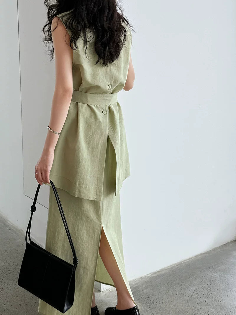 belted tunic skirt linen setup 2color 【NINE7075】