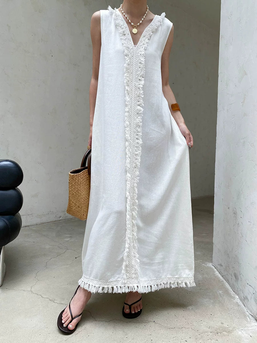 fringe sleeveless long dress 2color 【NINE7057】
