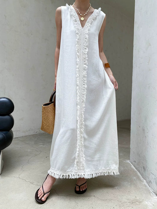 fringe sleeveless long dress 2color 【NINE7057】