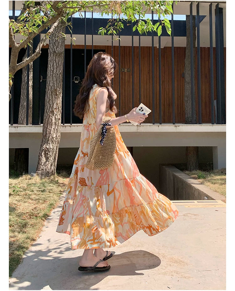 orange print tiered sleeveless dress 1color 【NINE7136】