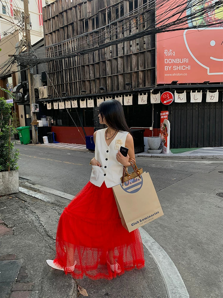 dot tulle ruffle tiered long skirt 1color 【NINE7205】