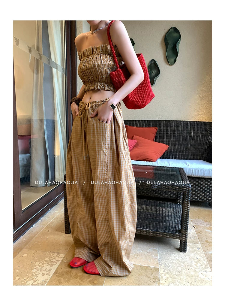 shirring bandeau check pants setup 1color 【NINE7096】