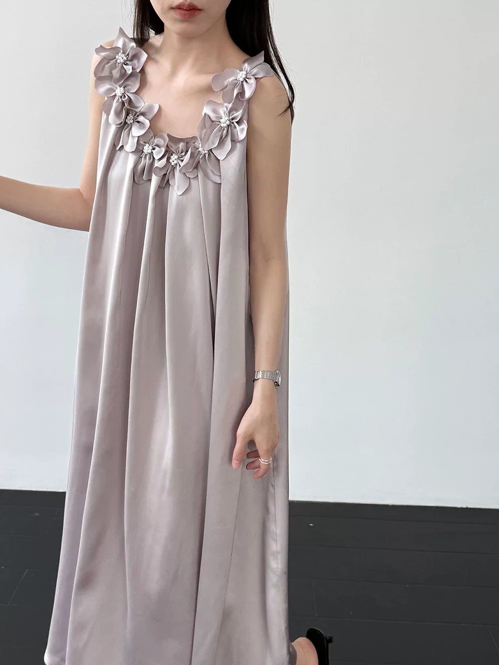 flower applique satin long dress 2color 【NINE7087】