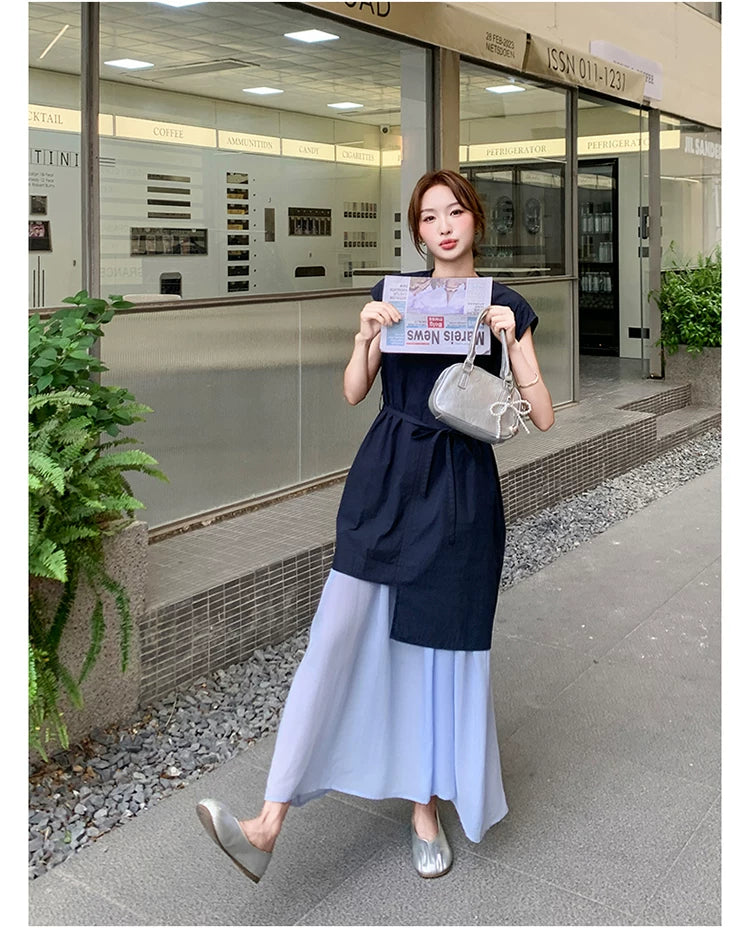 belt tunic chiffon skirt setup 1color 【NINE7134】