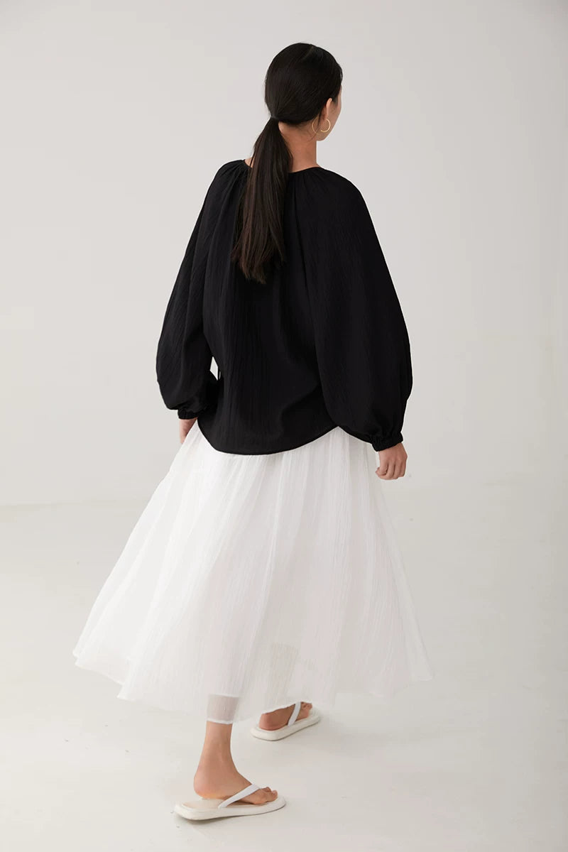 lace up tie lantern sleeve blouse 1color 【NINE7226】