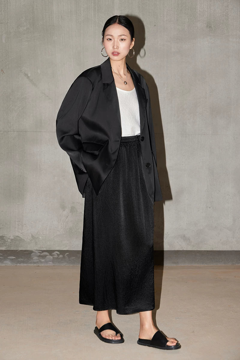 textured elastic waist long A-line skirt 1color 【NINE7217】