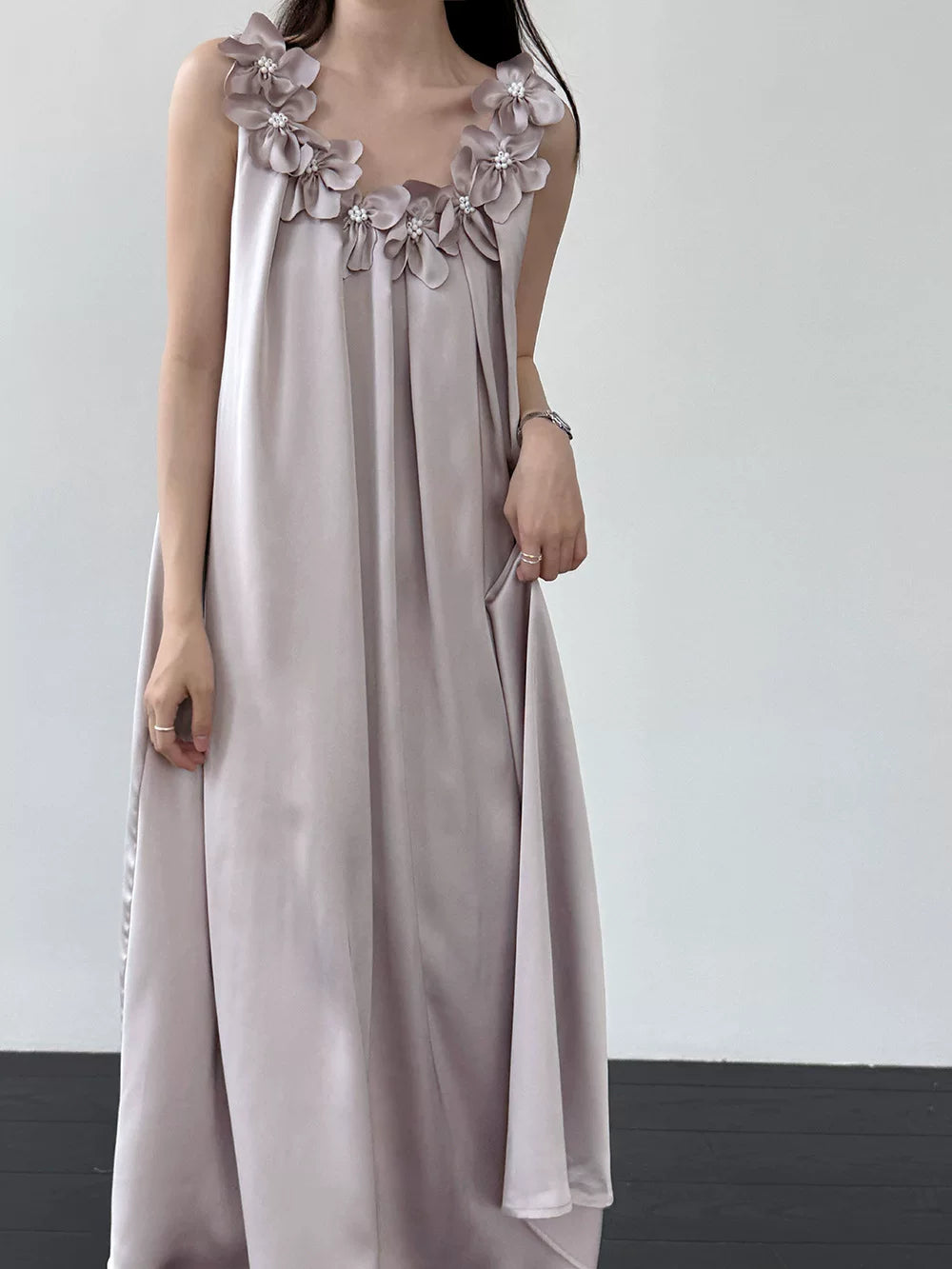 flower applique satin long dress 2color 【NINE7087】
