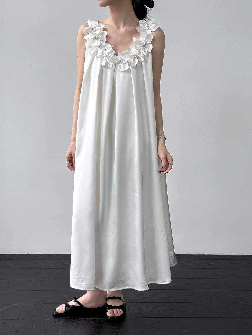flower applique satin long dress 2color 【NINE7087】