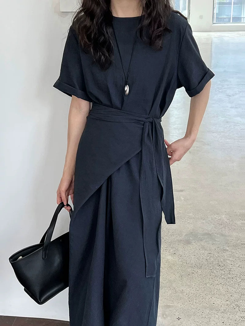 wrap waist short sleeve dress 2color 【NINE7063】