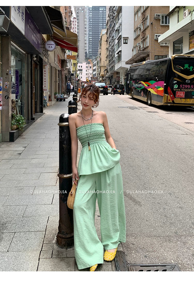 shirring bustier wide pants setup 1color 【NINE7095】
