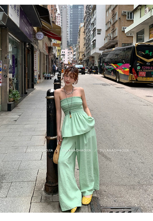 shirring bustier wide pants setup 1color 【NINE7095】