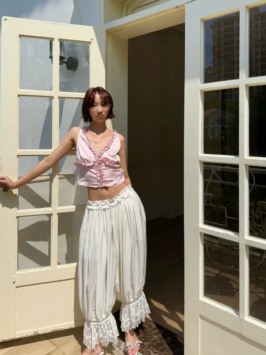 lace hem pleated loose pants 1color 【NINE7141】