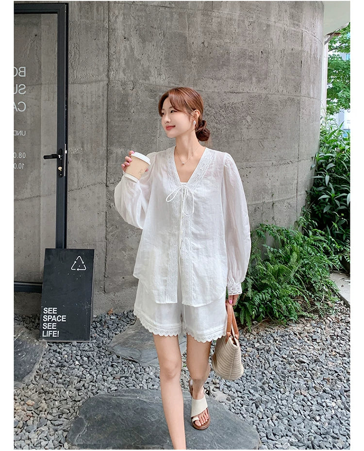linen like lace shirt setup 1color 【NINE7118】