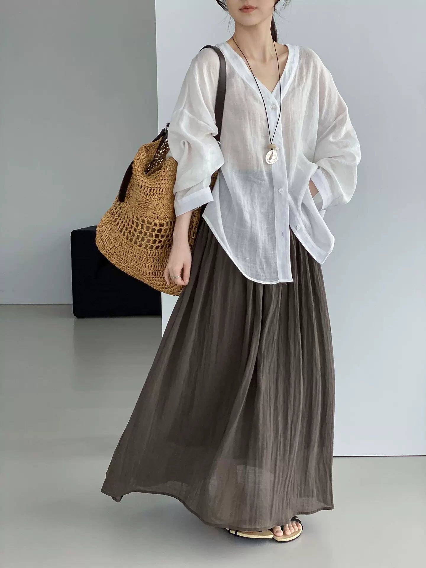 yoke pleated flared long skirt 2color 【NINE7077】