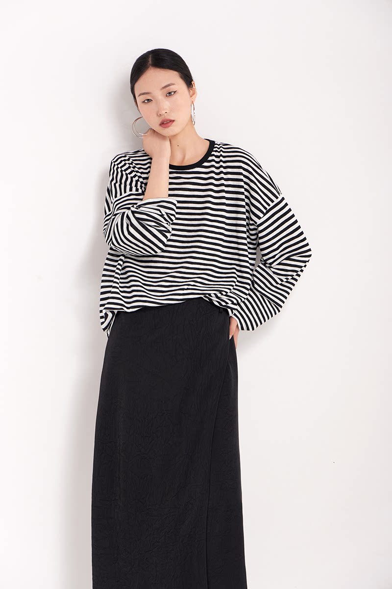 border crew neck loose long sleeve top 1color 【NINE7225】