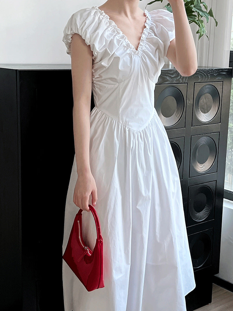 backless gathered puff sleeve dress 2color 【NINE7059】