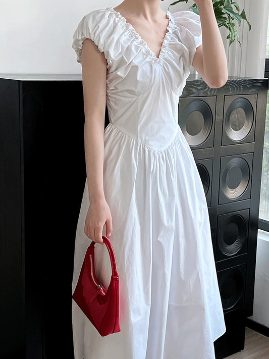 backless gathered puff sleeve dress 2color 【NINE7059】