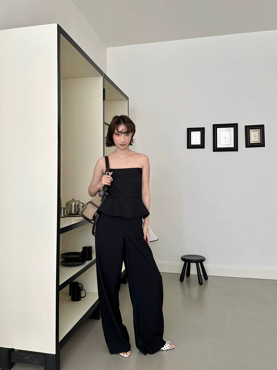 tube top peplum fake two-piece wide leg jumpsuit 1color 【NINE7150】
