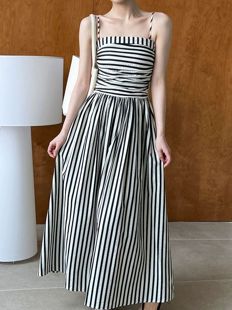 striped ruched camisole long dress 1color 【NINE7062】