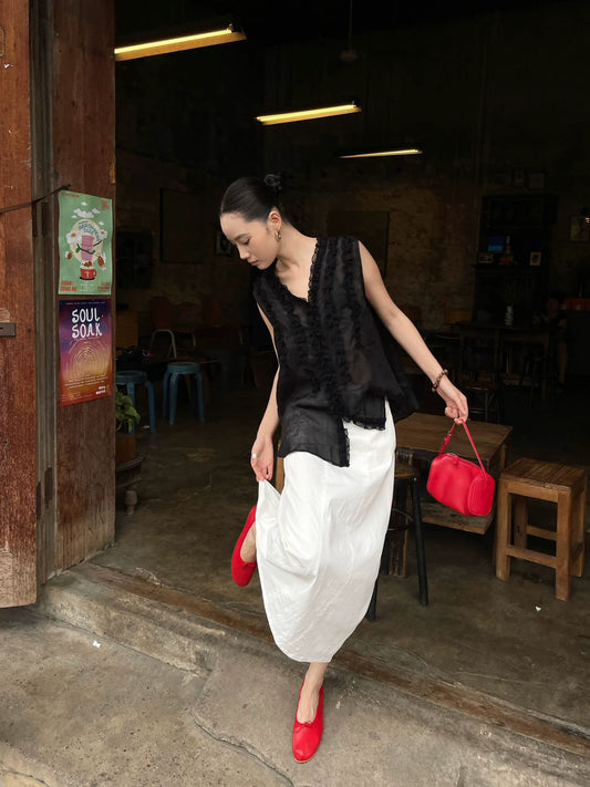 v-neck ruffle lace sheer sleeveless blouse 1color 【NINE7201】