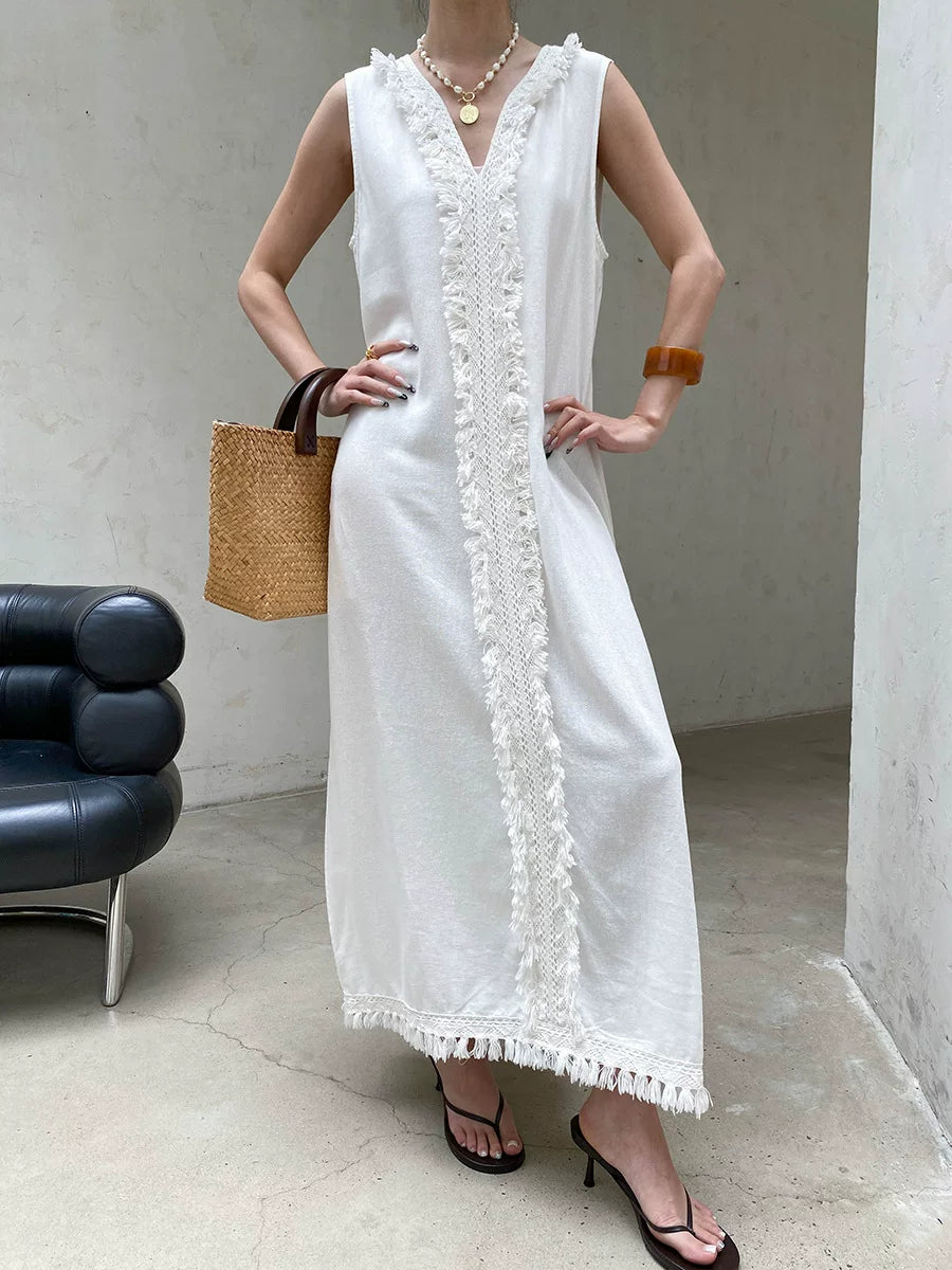fringe sleeveless long dress 2color 【NINE7057】