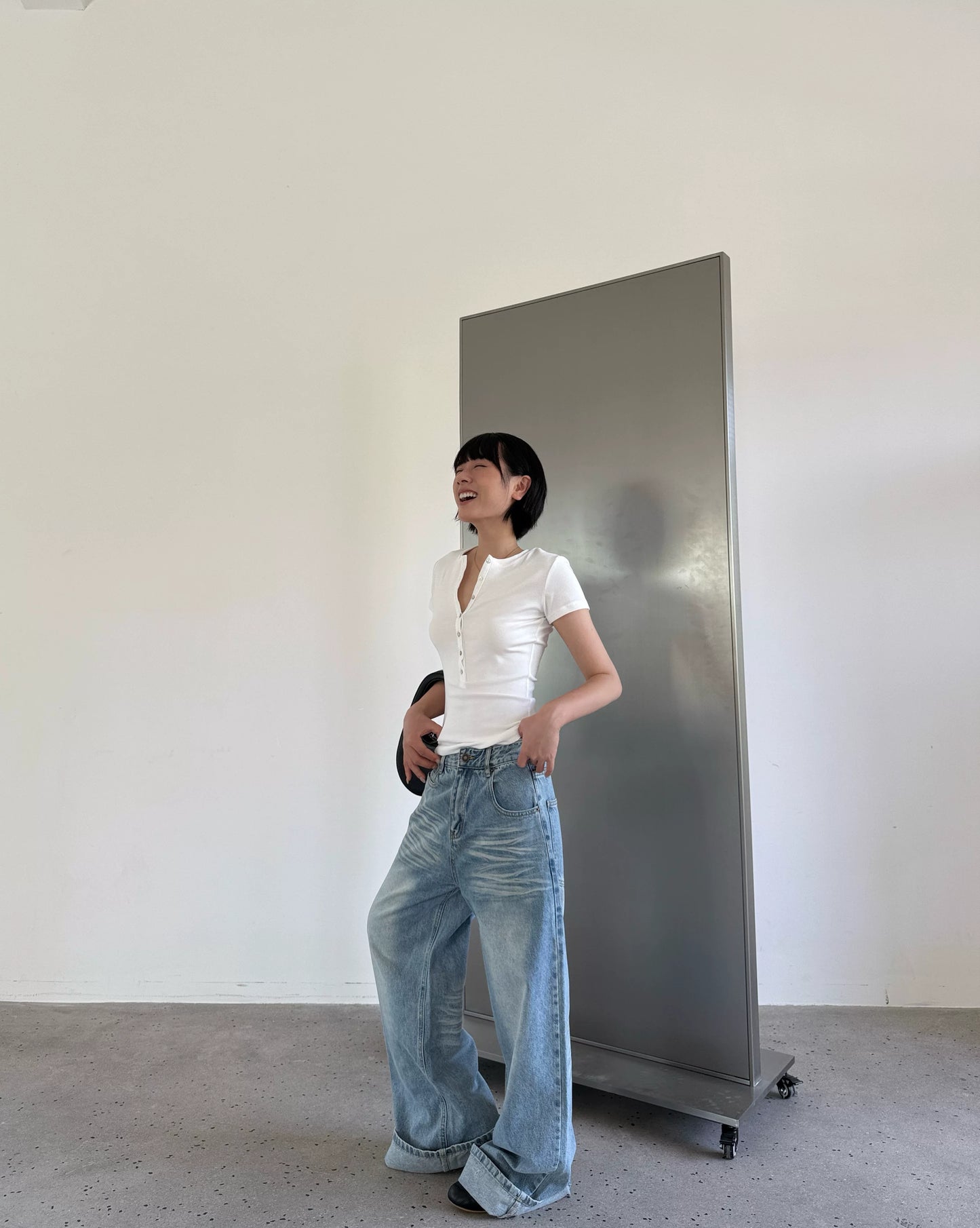 fitted henley neck short top 2color【NINE7002】