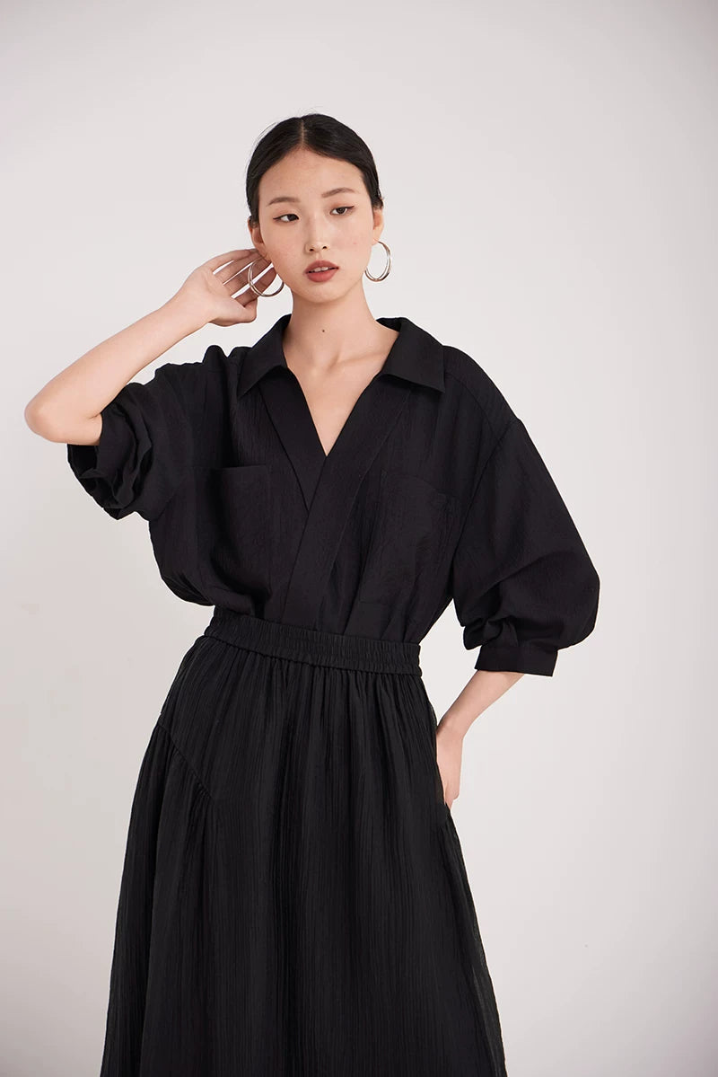 v-neck lapel puff sleeve shirt 3colors 【NINE7215】
