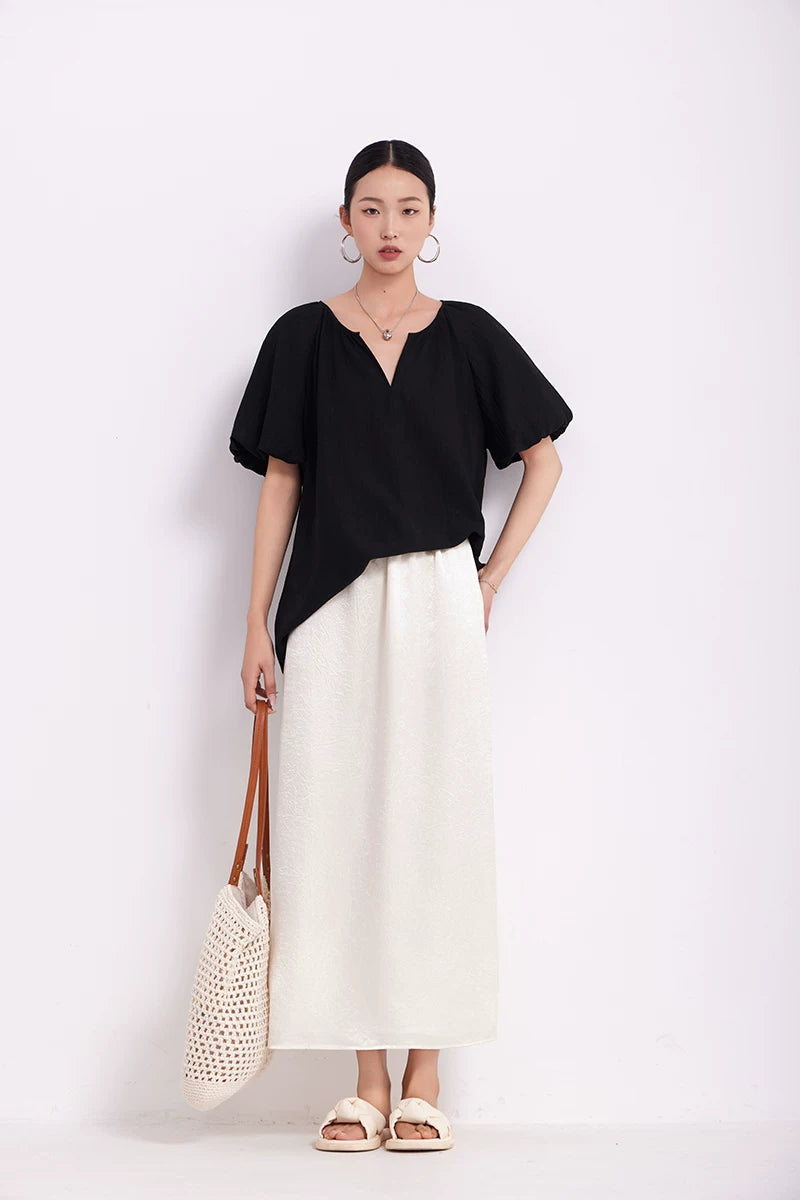 v-neck puff sleeve loose blouse 1color 【NINE7219】