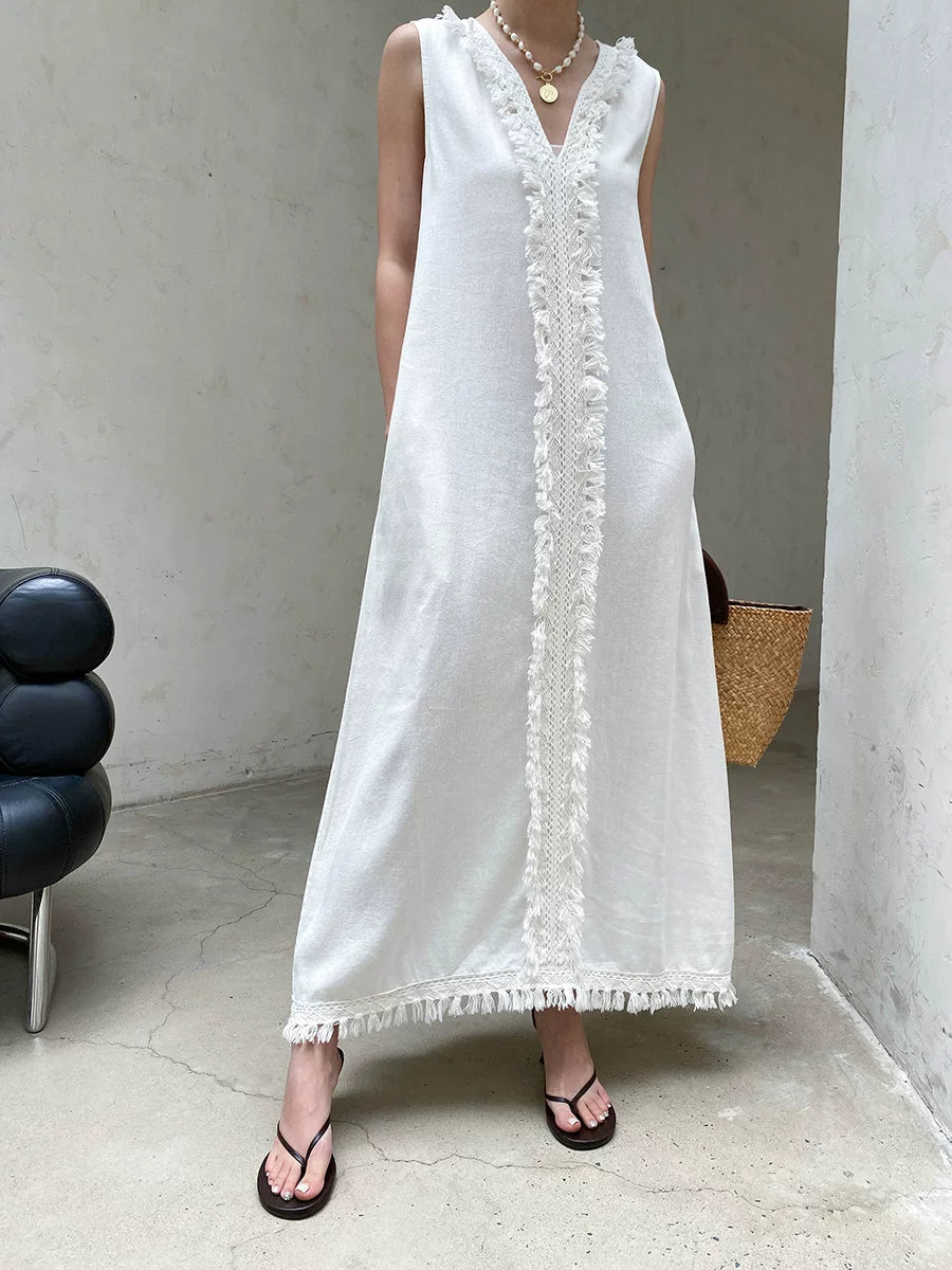 fringe sleeveless long dress 2color 【NINE7057】