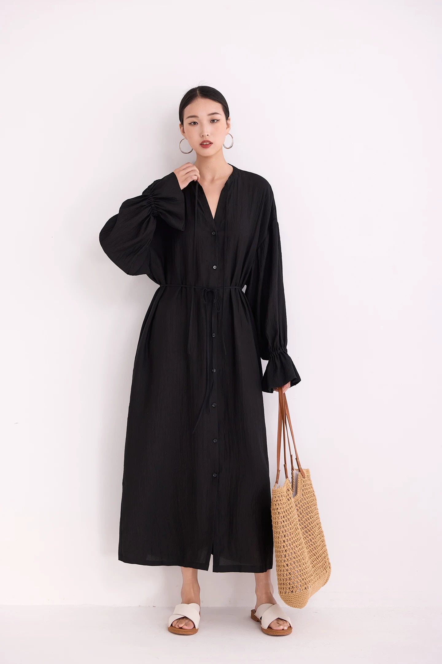 v-neck flare sleeve shirt long dress 1color 【NINE7223】